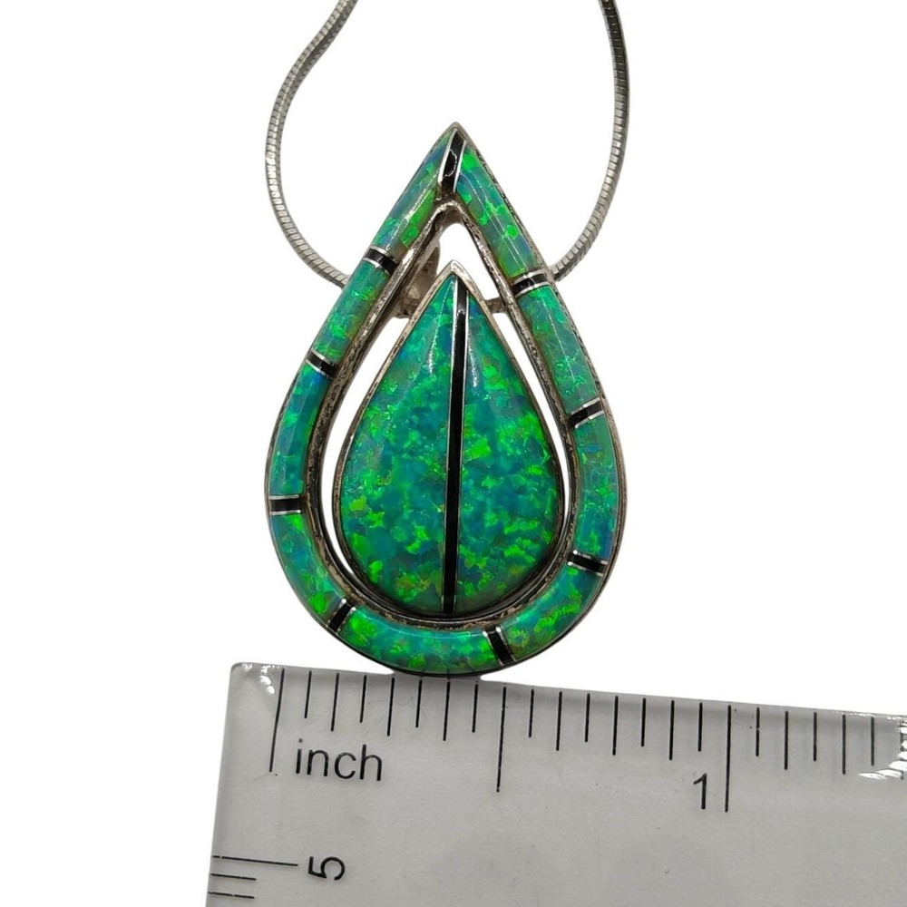 Sterling Silver Green Opal Inlay Teardrop Pendant Necklace Southwest Style 18.5" - Picture 4 of 9